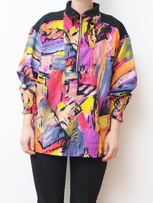 Vintage colorful abstract pink black women windbreaker / jacket top running 80s 90s yellow small